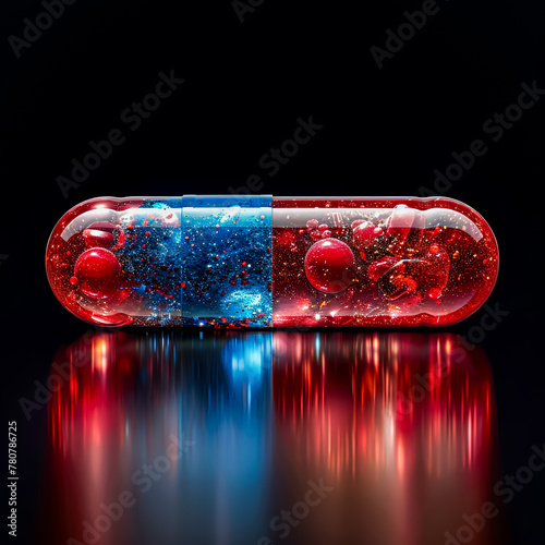 Two pills are shown side by side, one blue and one red. The pills are in a clear container, and the image has a moody, mysterious feel to it