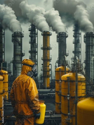 an industrial worker dons protective gear and holds a yellow gas canister against the backdrop of an oil factory 
