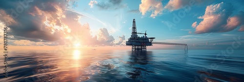 Offshore platform, oil and gas production in ocean or sea, gas and oil production industry, offshore drilling rig, banner photo