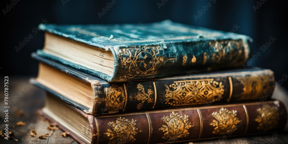 Books neatly stacked on a wooden table Books neatly stacked on a wooden table