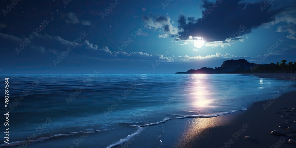 Fototapeta premium AI Generated. AI Generative. Midnight dark night vacation seascape island adventure sea beach with palm trees. Graphic Art