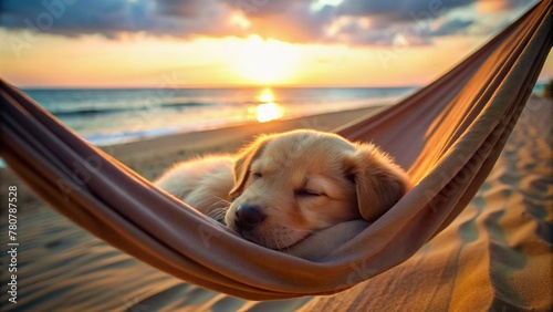 Cute puppy sleeping in hammock on the beach at sunset.
