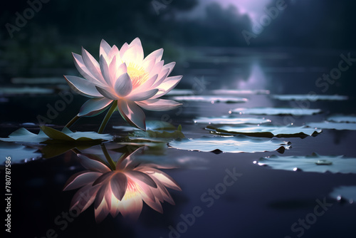 A lotus flower blooms amidst a tranquil pond, its delicate petals illuminated by the ethereal silver rays of the moon above.