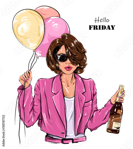 Fashion woman in sunglasses holding balloons and bottle of wine. Vector illustration