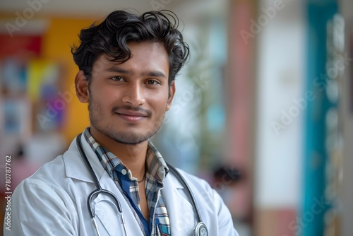 Joyful Indian male doctor in white coat and stethoscope at clinic. Concept Photography, Professional, Healthcare, Portraits, Indoors
