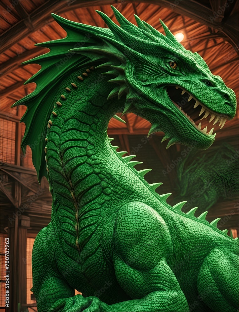 Fototapeta premium The One Green Wooden Dragon in the center of the frame