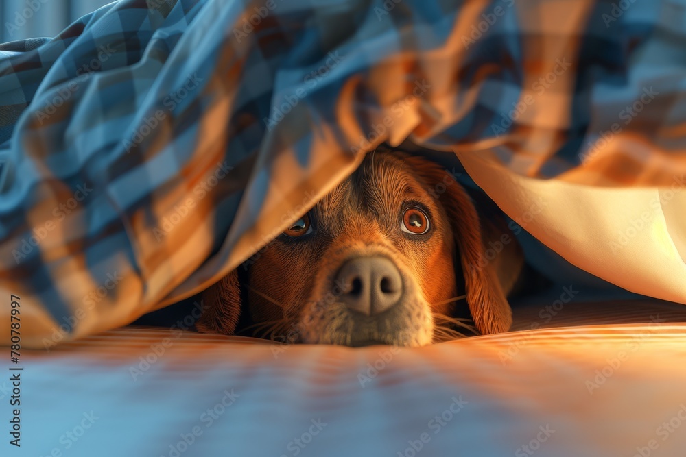A dog hiding under the bed, looking at the camera with a worried expression
