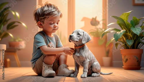 Friendship between man and dog. Cute boy with his puppy friend