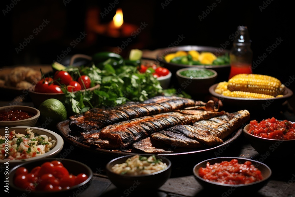 Various types of food spread across a table, showcasing a diverse selection