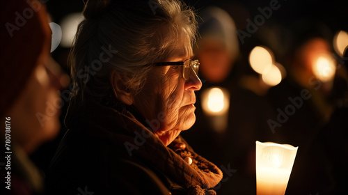 Pensive senior woman holding candle at nighttime vigil photo