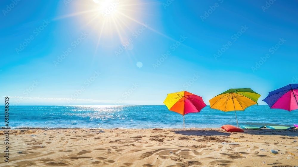 Bright sun illuminates a serene beach scene with colorful umbrellas and happy vacationers enjoying the seaside, space for text.