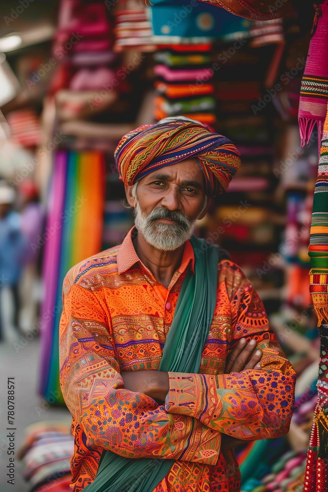 Un hombre se erige como la vibrante encarnación de la tradición, su atuendo es un colorido testimonio del orgullo cultural, en medio de un bazar de sueños tejidos.