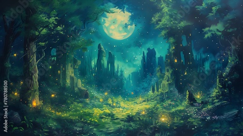 Enchanted Grove: Moonlit Gathering./n