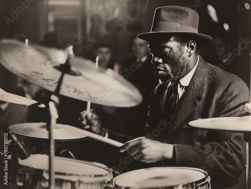 Ataviado con la gracia atemporal del jazz, un elegante baterista con su fedora da vida al escenario, sus manos tejen relatos de swing y ritmo.