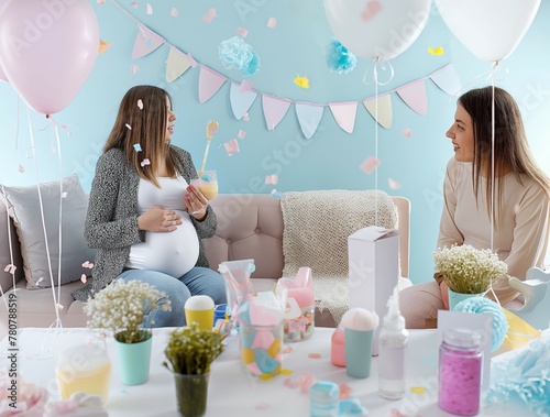 Risa y tonos pastel llenan la habitación mientras dos mujeres comparten la alegría de una próxima llegada, rodeadas por la suave efervescencia de una celebración de baby shower. photo