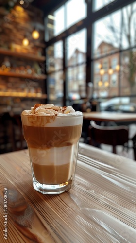 Leche al vapor reposa suavemente sobre un rico espresso, un lienzo cremoso en un vaso, degustado en el suave zumbido de una cafetería acogedora.