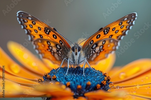 Posado en una flor vibrante, las alas de una mariposa revolotean como susurros delicados, pintando el aire con el ballet de su gracia silente. photo
