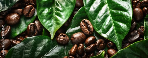 Close up of the fresh roast coffee beans put on the green leaves.