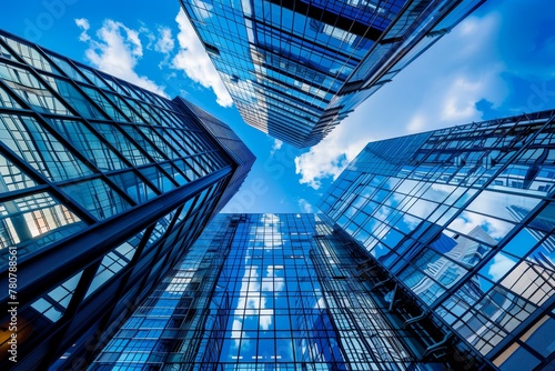 Reflejos y vidrio conspiran para alcanzar los cielos azules, un baile de arquitectura y cielo en armonía urbana. photo