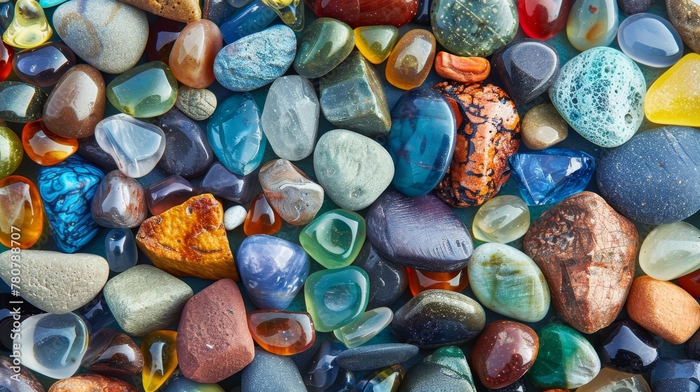 A vibrant array of polished sea glass and stones on the shore, capturing the essence of summer with a close-up view A vibrant array of polished sea glass and stones on the shore, capturing the essence of summer with a close-up view