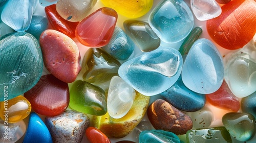 A vibrant array of polished sea glass and stones on the shore, capturing the essence of summer with a close-up view photo