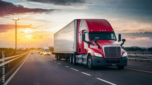 Freight Truck Speeding Toward Sunset on Highway. Concept Transportation, Highway, Sunset, Freight Truck, Speeding photo
