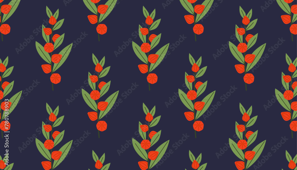 Ashwagandha or winter cherry branch on blue background. Medicinal plant for sleep and relaxation. Natural remedy and food spice. Floral seamless pattern.