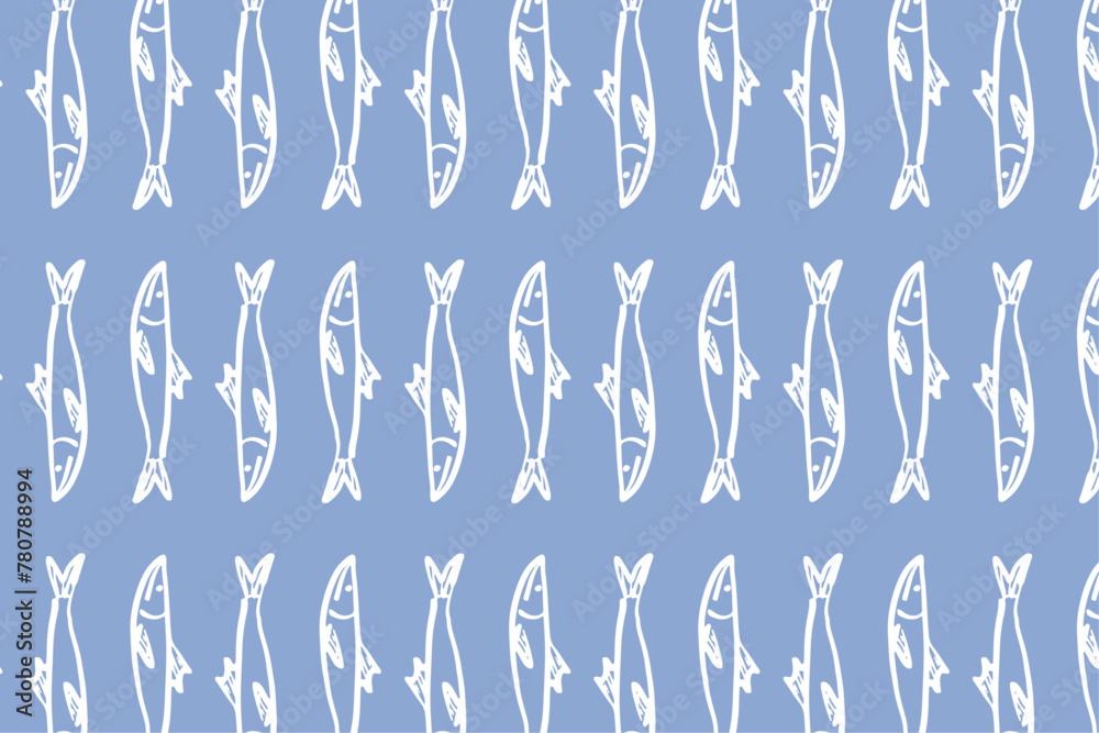 Fototapeta premium Anchovies hand drawn seamless pattern on light blue background. Anchovies fish wallpaper. Design for culinary branding, maritime artwork.