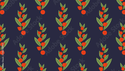 Ashwagandha or winter cherry branch on blue background. Medicinal plant for sleep and relaxation. Natural remedy and food spice. Floral seamless pattern.