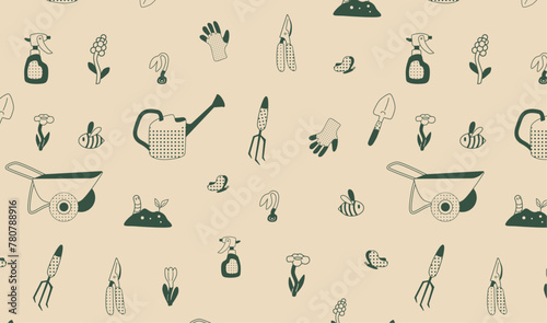 Gardening tools and plants seamless pattern. Wheelbarrow, flowers, watering can, shovel and other garden elements. Beige green design for textile, wallpaper, and wrapping paper. 