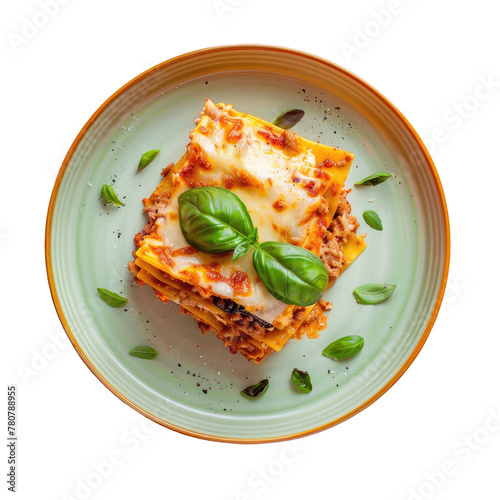 Lasagna dish garnished with basil leaves on a transparent background