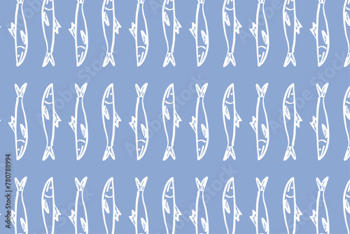 Anchovies hand drawn seamless pattern on light blue background. Anchovies fish wallpaper. Design for culinary branding, maritime artwork.