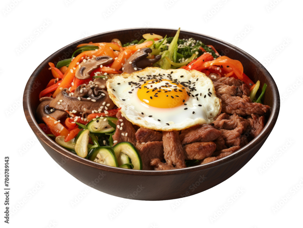 Beef Bibimbap isolated on transparent png background. Generative ai Beef Bibimbap isolated on transparent png background. Generative ai