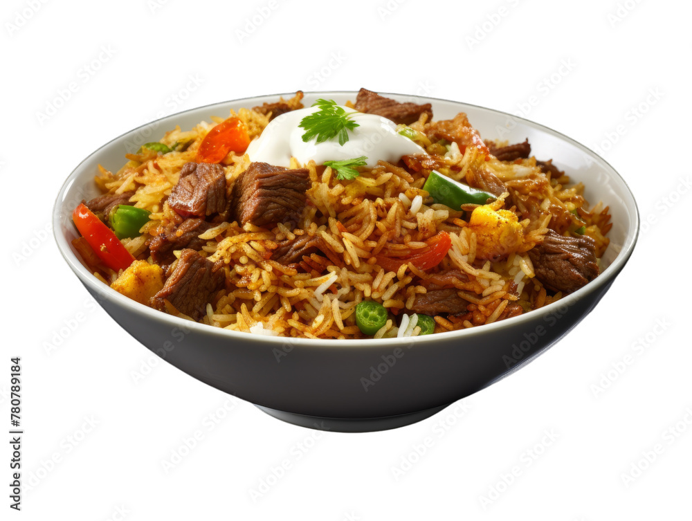 Beef Biryani isolated on transparent png background. Generative ai