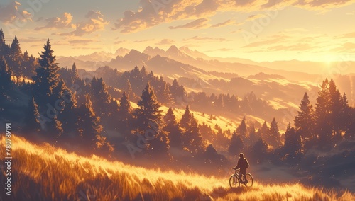 Biking in the mountains of Switzerland, forests and grassy hills with a woman on a mountain bike going down hill