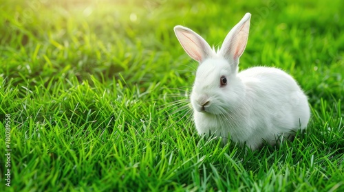 Sweet pet rabbit explores the vibrant green grass, showcasing innocence, curiosity, and the beauty of nature, perfect for nature enthusiasts, space for text.