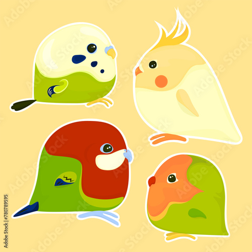 Cute minimalist vector stickers in the form of rounded pet parrots such as rosella, corolla, budgie and inseparable on a light yellow background.