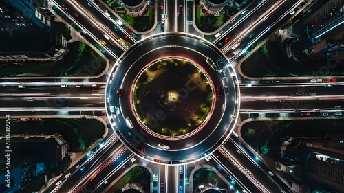Illuminated Urban Labyrinth: Cars Circle at Night. Concept Urban Photography, Night Lights, Cityscape, Illuminated Streets, Urban Exploration