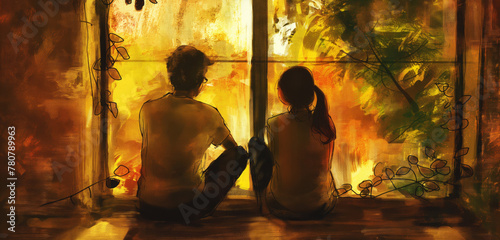 A loving couple by a window, feeling romantic. Valentine's Day concept. Illustration style