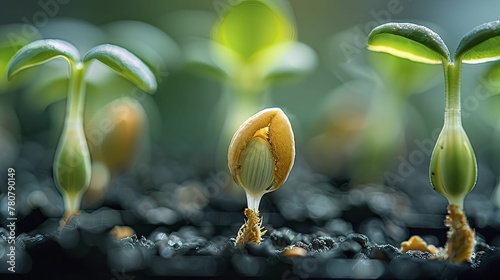 Close up of the process of a seed cracking open during germination, showcasing the beginning of plant life. photo