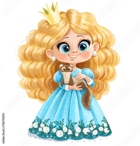 Cute cartoon little princess in ball dress with a ferret in hands