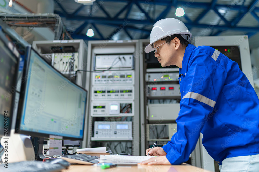 Engineer working at control room,Manager control system,Technician man monitoring program from a lot of monitor Engineer working at control room,Manager control system,Technician man monitoring program from a lot of monitor