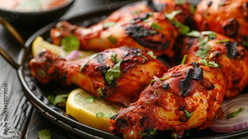 Indian dish: Tandoori chicken. Tandoori Chicken is usually served with onions, herbs and lemon. 