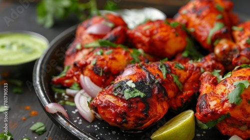 Indian dish: Tandoori chicken. Tandoori Chicken is usually served with onions, herbs and lemon.  photo