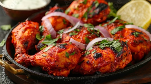 Indian dish: Tandoori chicken. Tandoori Chicken is usually served with onions, herbs and lemon.  photo