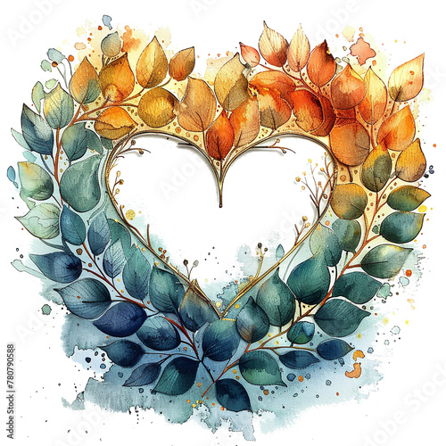 watercolor painting wiht a heart shaped wreath with leaves isolated against transparent background photo