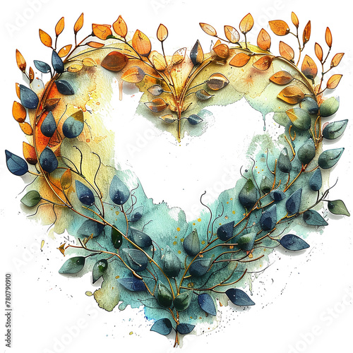 watercolor painting wiht a heart shaped wreath with leaves