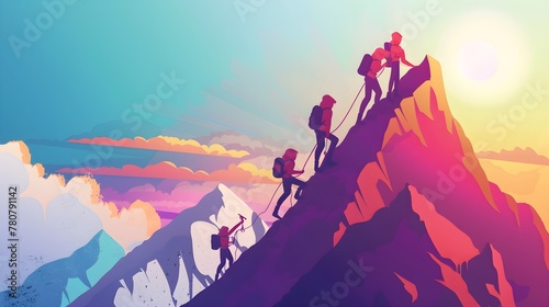 a group of people climbing the mountain top teamwork #780791142