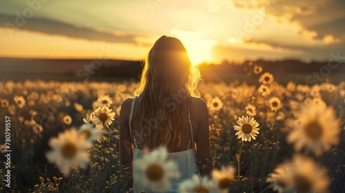 A woman stands in a field of sunflowers at sunset, her back to the camera. Her hair is long and wavy, catching the golden light of the sun. She wears a light-colored sleeveless dress that reaches belo photo