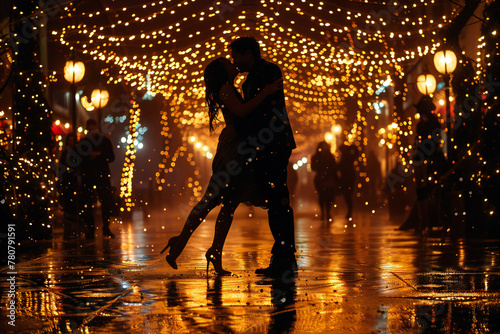 Couple dancing or embracing passionately in the rain. Romantic silhouettes: couple dancing under rain. Love story concept. photo